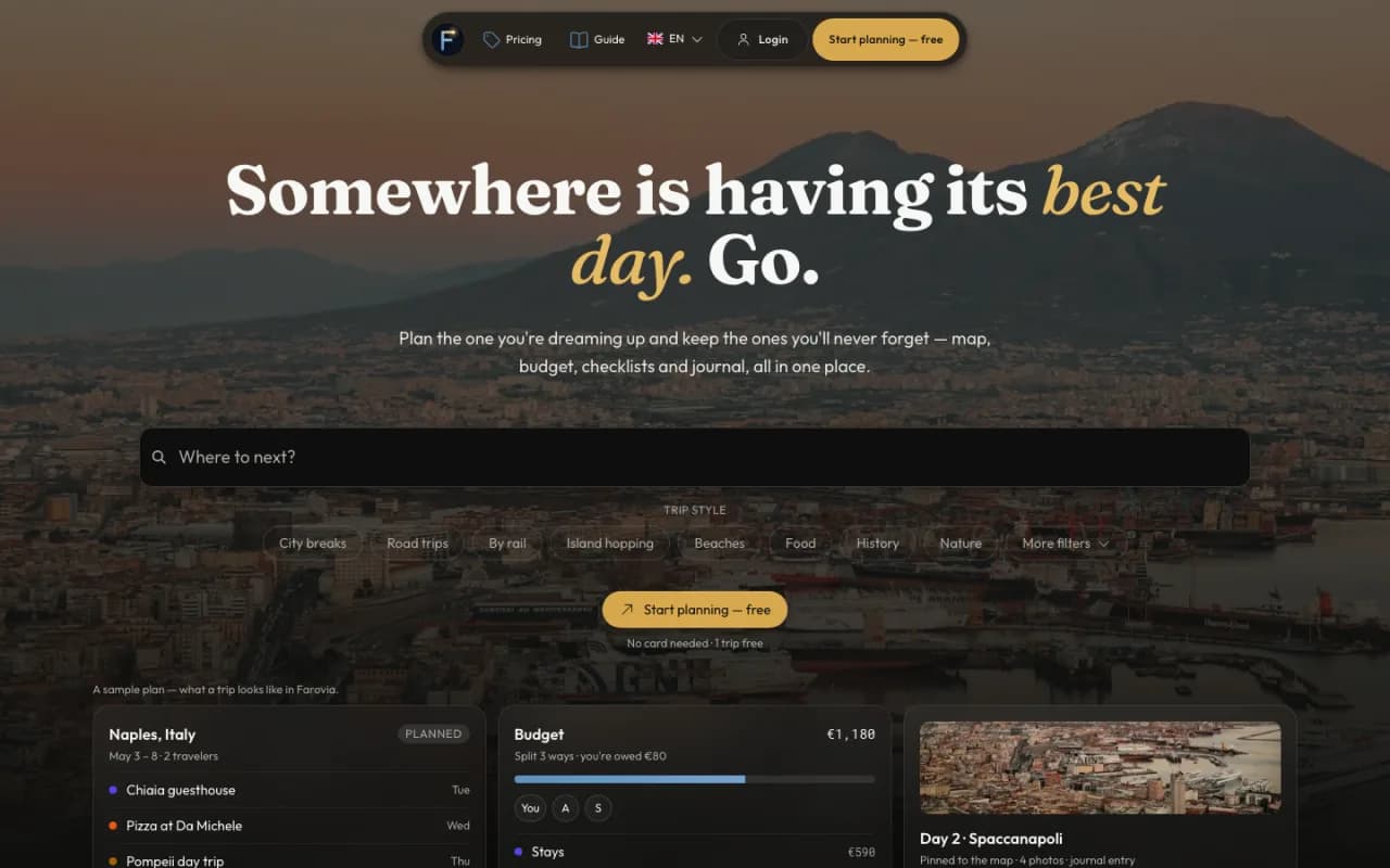 Homepage di Farovia con la ricerca del viaggio e un piano di esempio per Napoli