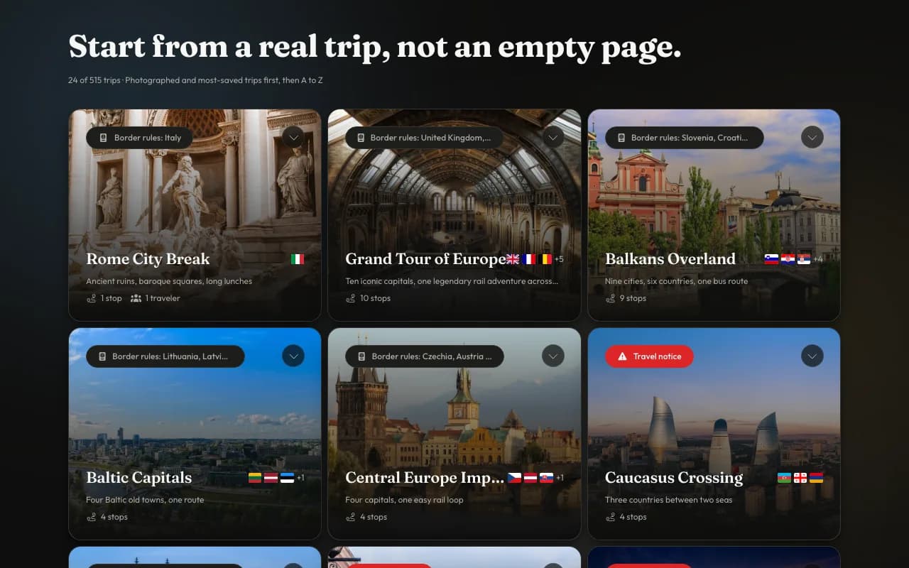 Griglia di modelli di viaggio clonabili con regole di frontiera e avvisi di viaggio