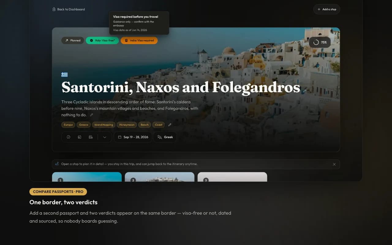 Vista di dettaglio del viaggio Santorini, Naxos e Folegandros con i badge dei visti