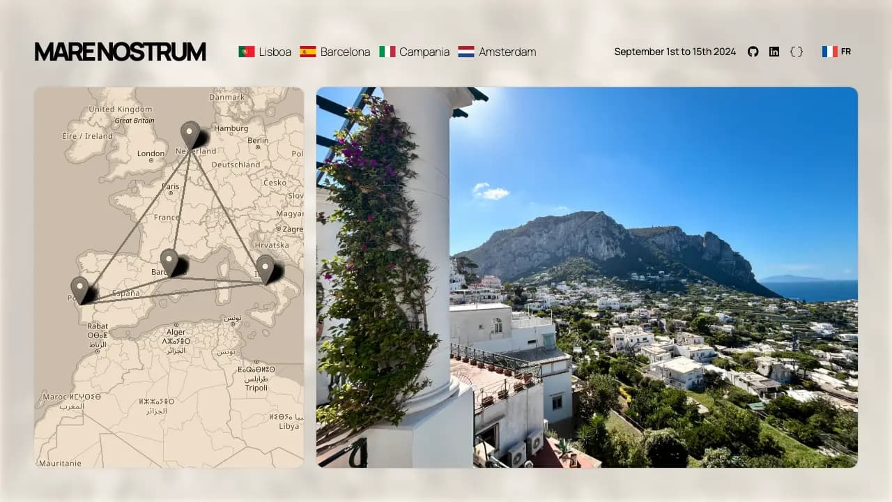 Home view: the four-city route mapped across the Mediterranean, beside a photo of Capri from a terrace