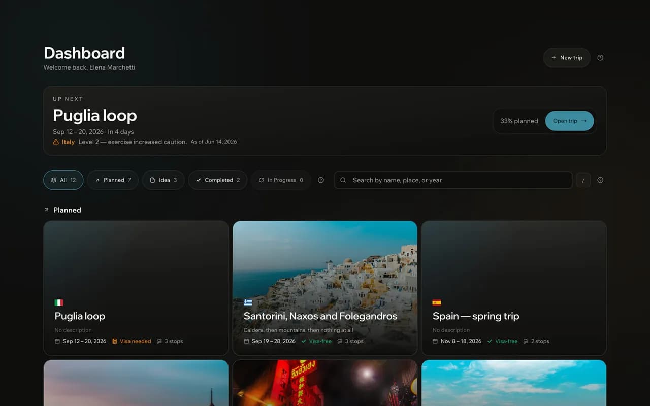 Tableau de bord avec le prochain voyage, son avis aux voyageurs et les voyages planifiés