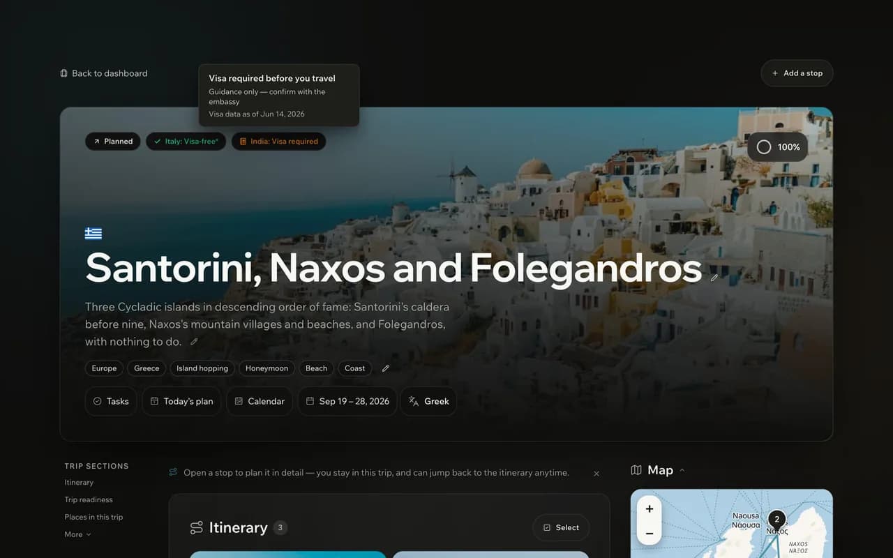 Page de voyage Volopro pour Santorin, Naxos et Folégandros avec les pastilles de visa par passeport